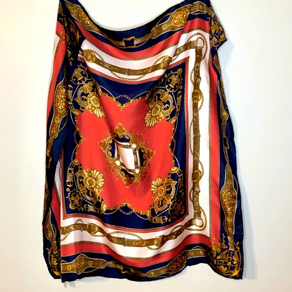 Vintage Accessories - Vintage GoldenCamel Silk Chain Belt Print Scarf